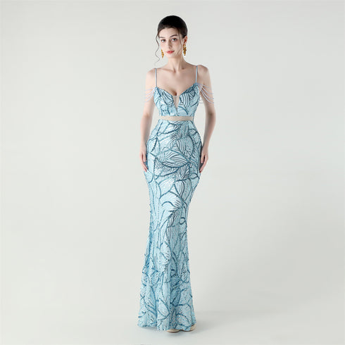 Graceful Sequin Embellished Mesh Mermaid Maxi Dress